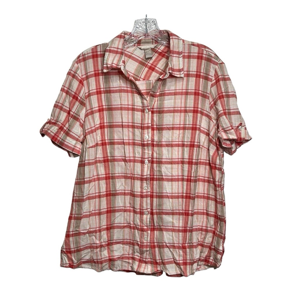 White Stag Womens Red Plaid Short Sleeve Button Down Cotton Shirt Size L 12-14 - Picture 6 of 6